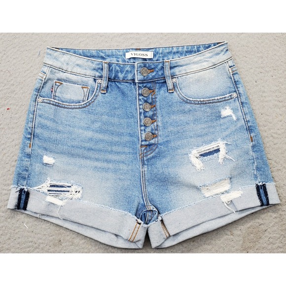 Vigoss Pants - VIGOSS‎ Marley Shorts Women's 26 Blue Cuffed Distressed Medium Wash 5 Button Fly